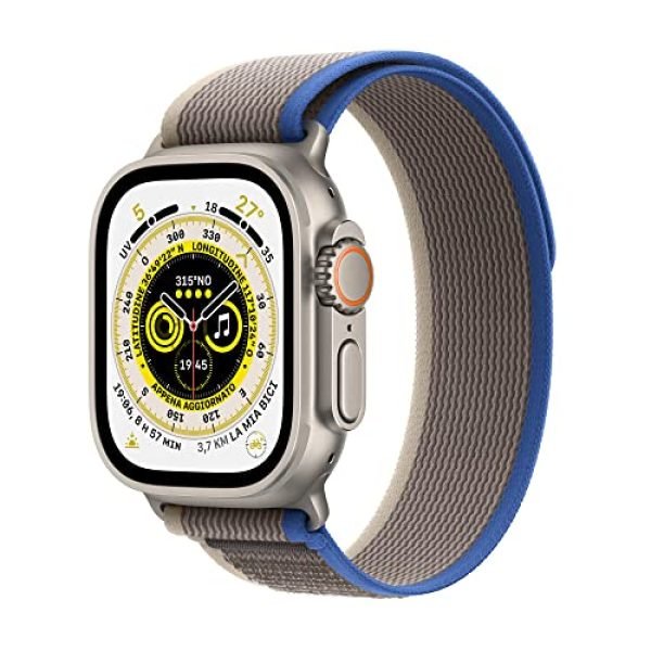 Apple Watch Ultra (GPS + Cellular, Cassa 49mm) Smartwatch con robusta cassa in titanio e Trail Loop blu/grigio - M/L. Fitness tracker, GPS di precisione, tasto Azione, batteria a lunghissima durata