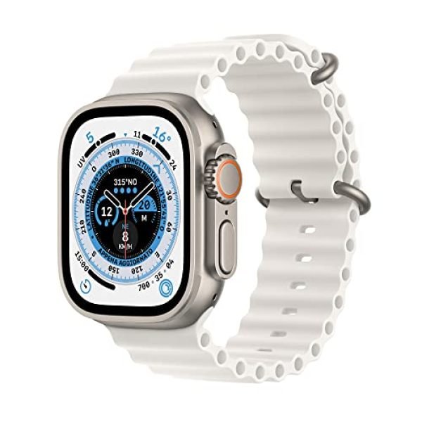 Apple Watch Ultra (GPS + Cellular, Cassa 49mm) Smartwatch con robusta cassa in titanio e Cinturino Ocean bianco. Fitness tracker, GPS di precisione, tasto Azione, batteria a lunghissima durata