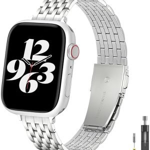 TISIMO per Apple Watch Band 41 mm, 40 mm, 38 mm, 45 mm, 44 mm, 42 mm, serie 8, 7, 6, 5, 4, 3 2 1 SE SE2, cinturino in metallo in acciaio inossidabile per iWatch (38 mm, 41 mm, argento spazzolato)